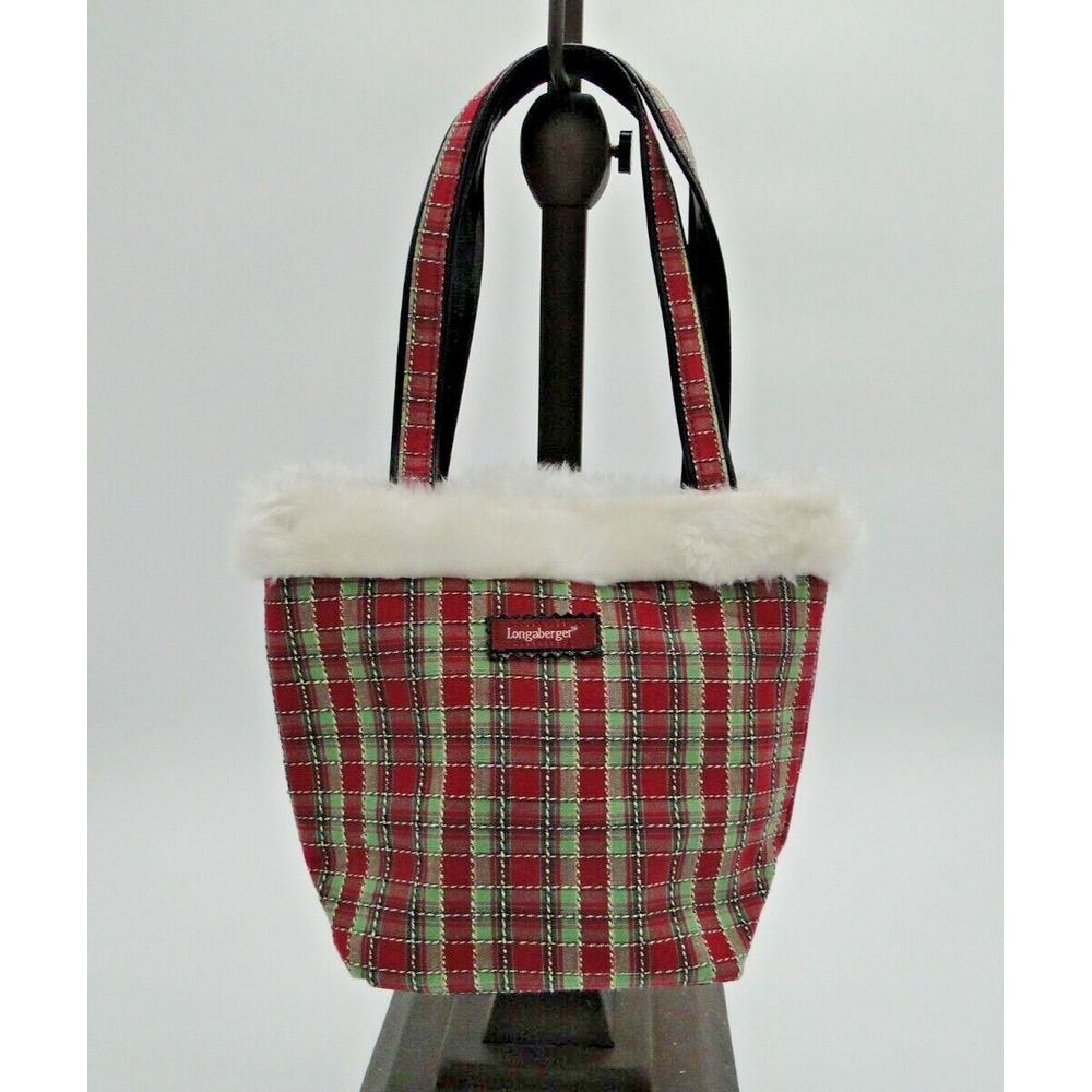 Longaberger HOLIDAY STRIPE‎ " TOTE/ PURSE / WHITE FAUX FUR TRIM